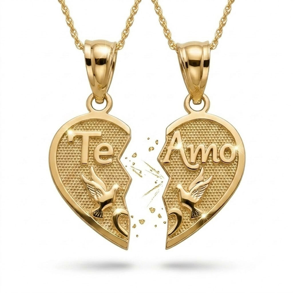 Gold heart-shaped pendants with 'Te Amo' on a white background