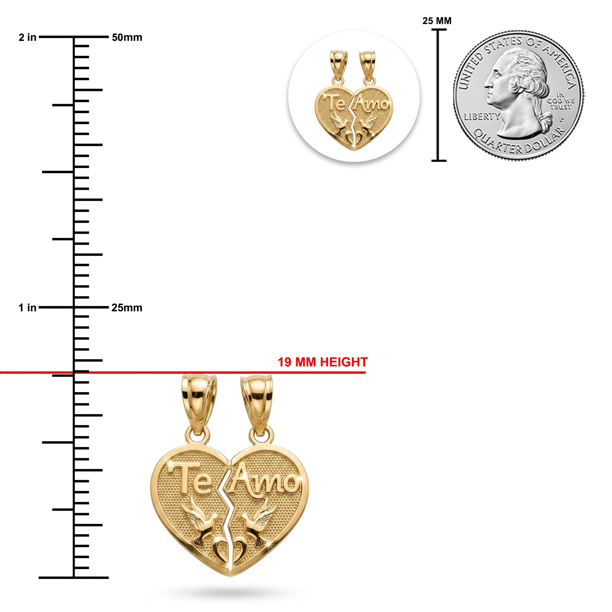 Gold 'Te Amo' heart pendant with measurement scale and quarter for size reference.