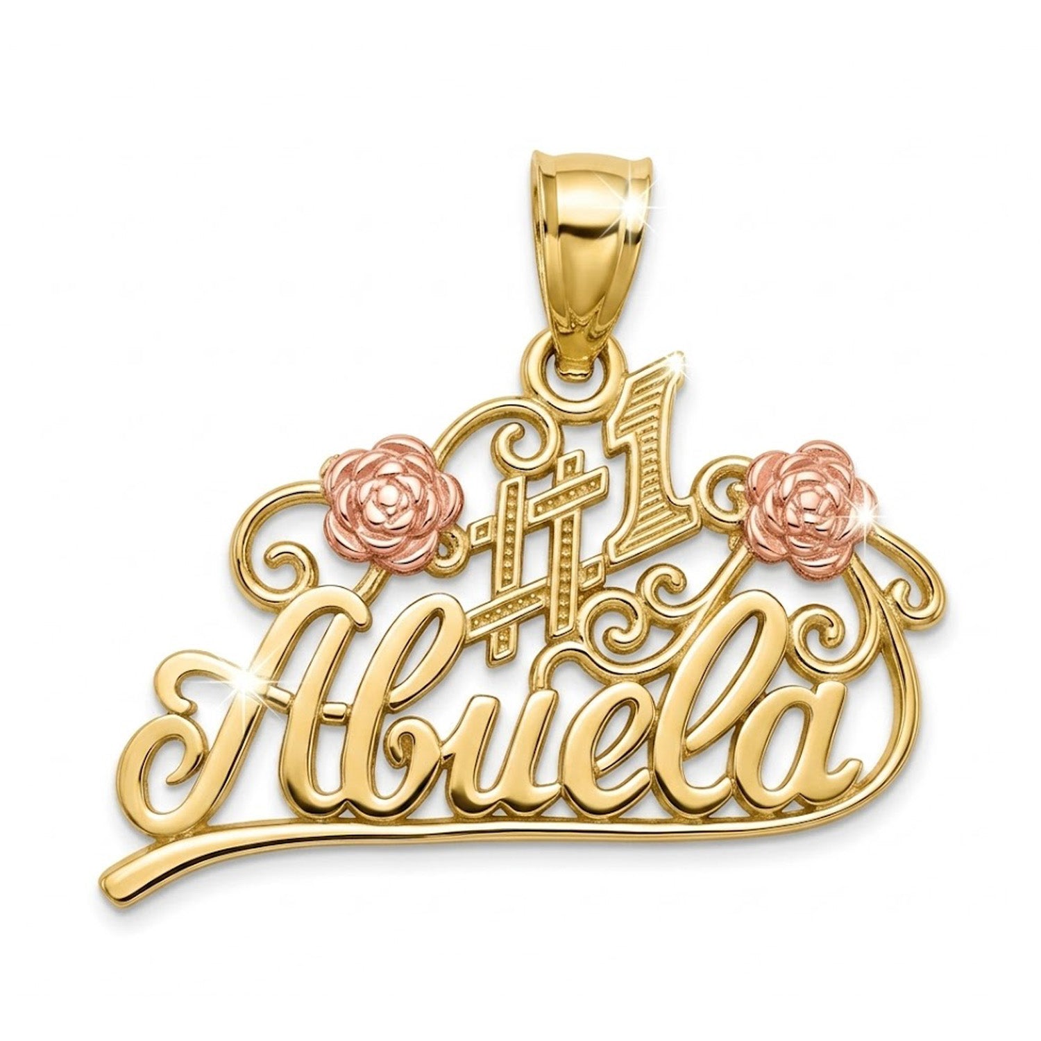 Gold pendant with 'Abuela' and roses on a white background