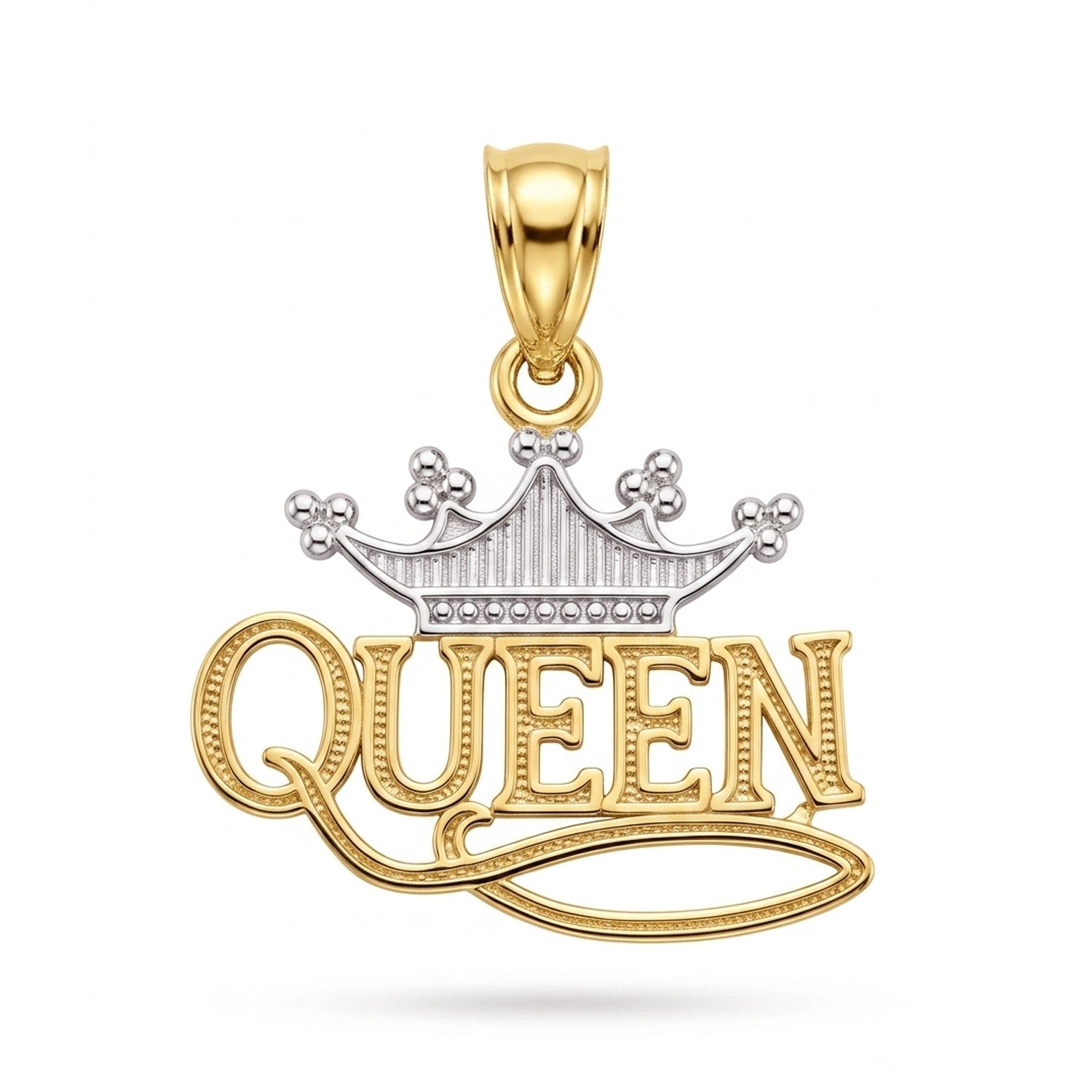 A two-tone gold and silver crown pendant featuring the word 'QUEEN' in gold script, set against a plain white background.