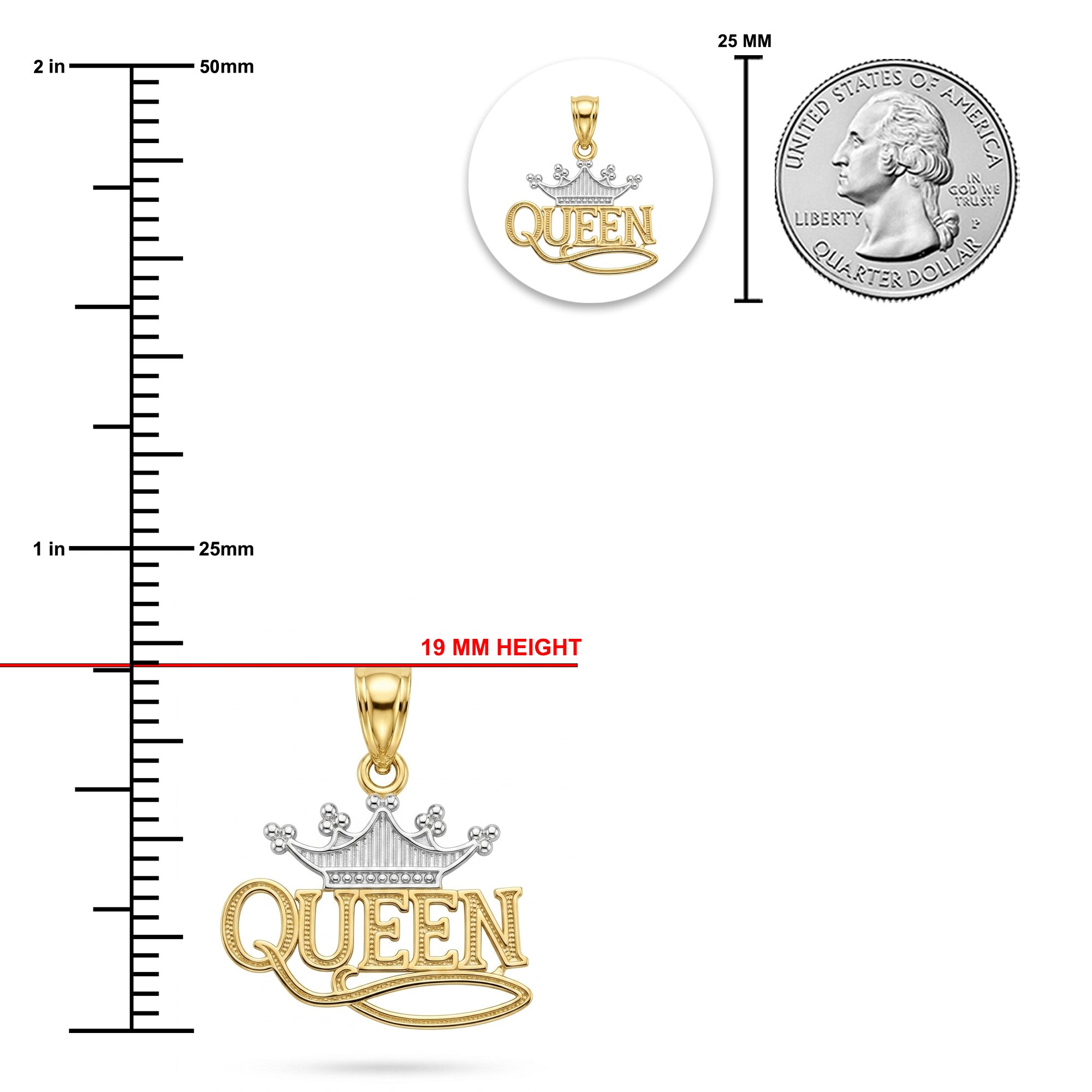 Gold and silver crown pendant with the word 'QUEEN' on a white background, shown with measurement rulers, a 19 mm height indicator, and a 25 mm coin size reference.