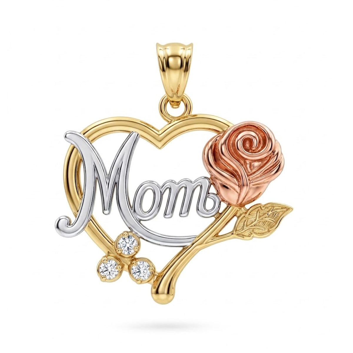 A two-tone and rose gold pendant featuring the word 'Mom' in silver-tone script inside a gold-tone heart outline, with a rose and three small clear gemstones, shown on a white background.