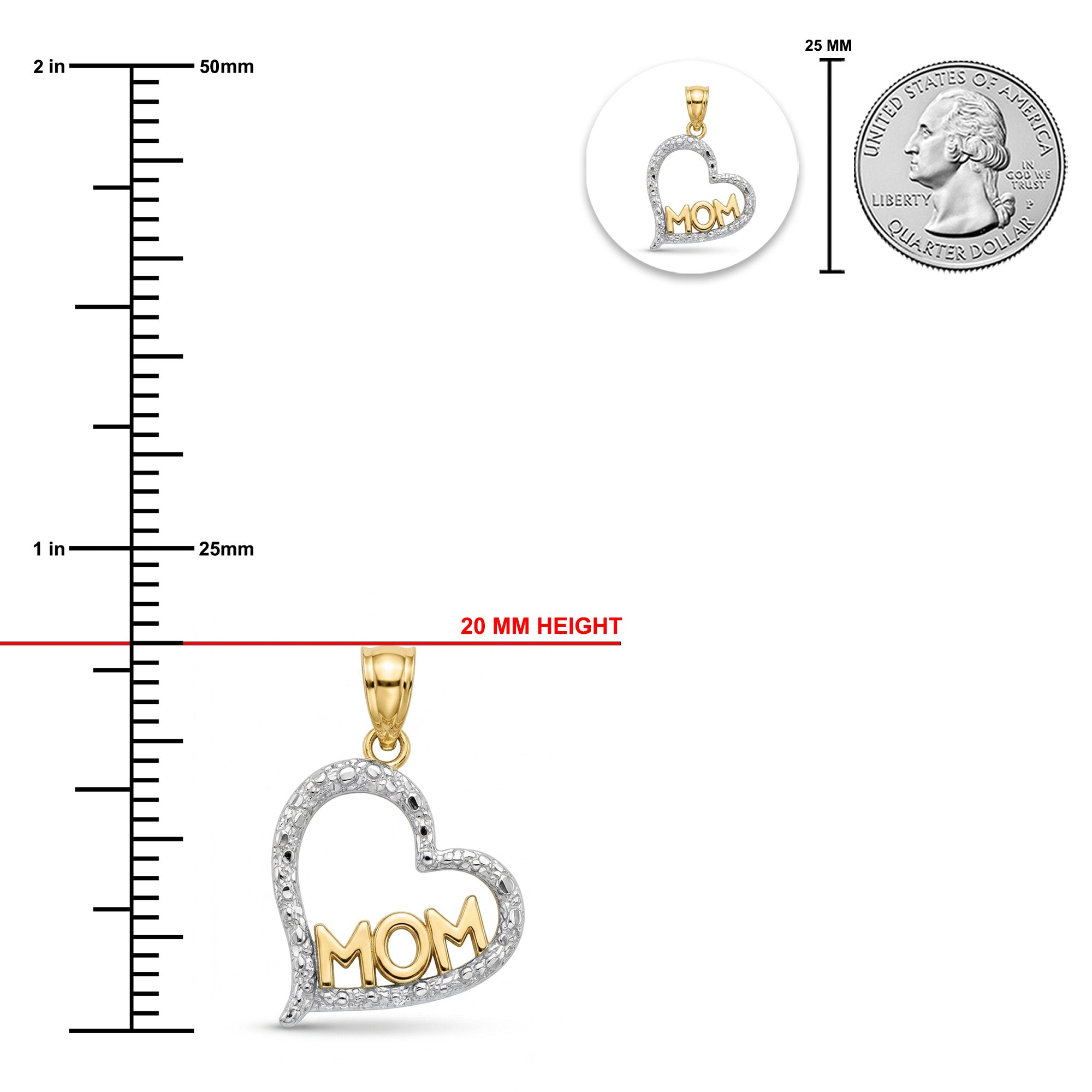 Heart-shaped pendant with 'MOM' lettering, shown with measurement rulers, a 25 mm coin size reference, and a close-up inset on a white background.