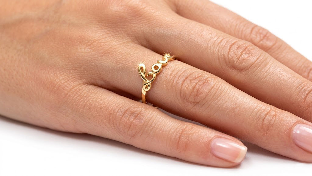 Gold love ring on a person's finger against a white background
