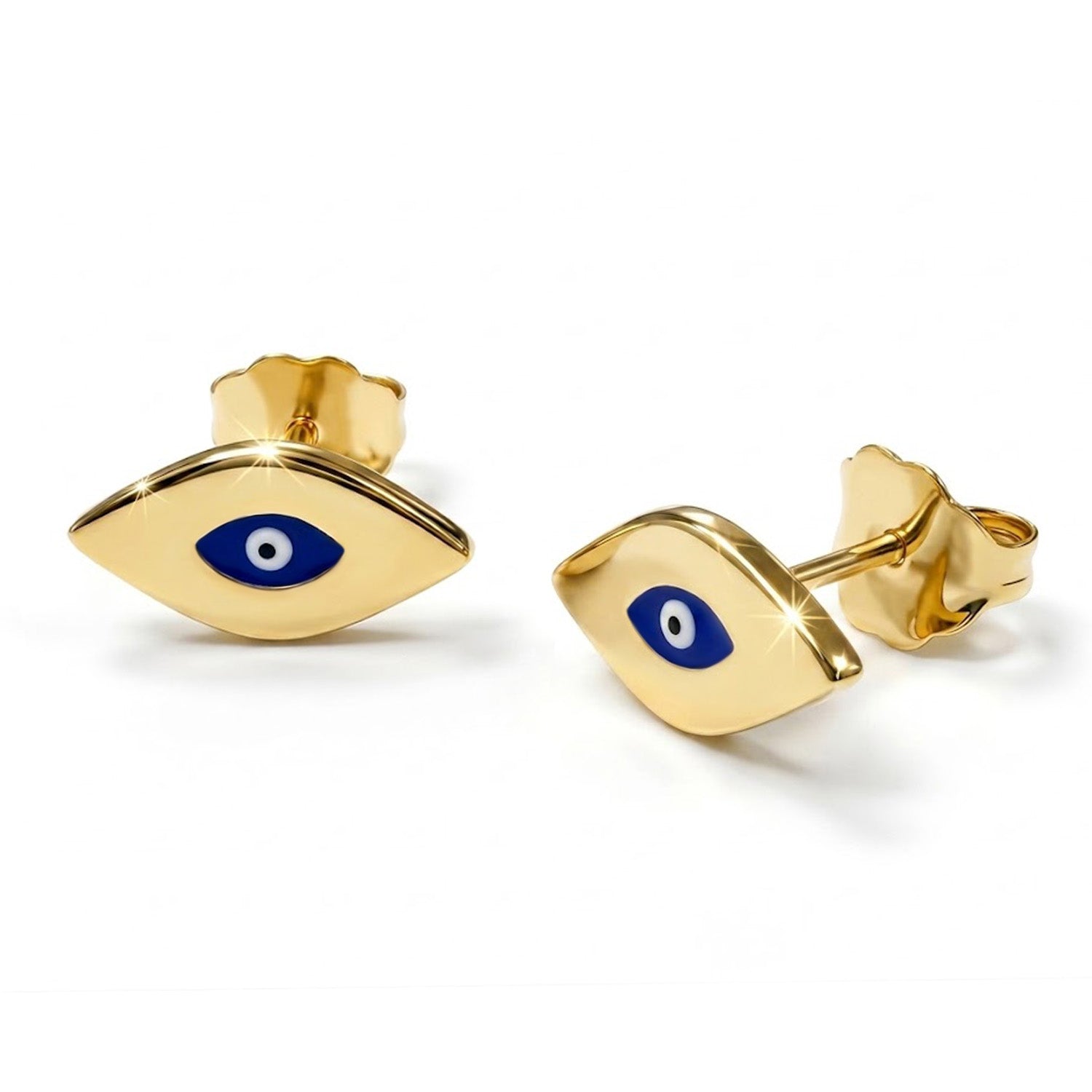 Gold evil eye earrings with blue centers on a white background