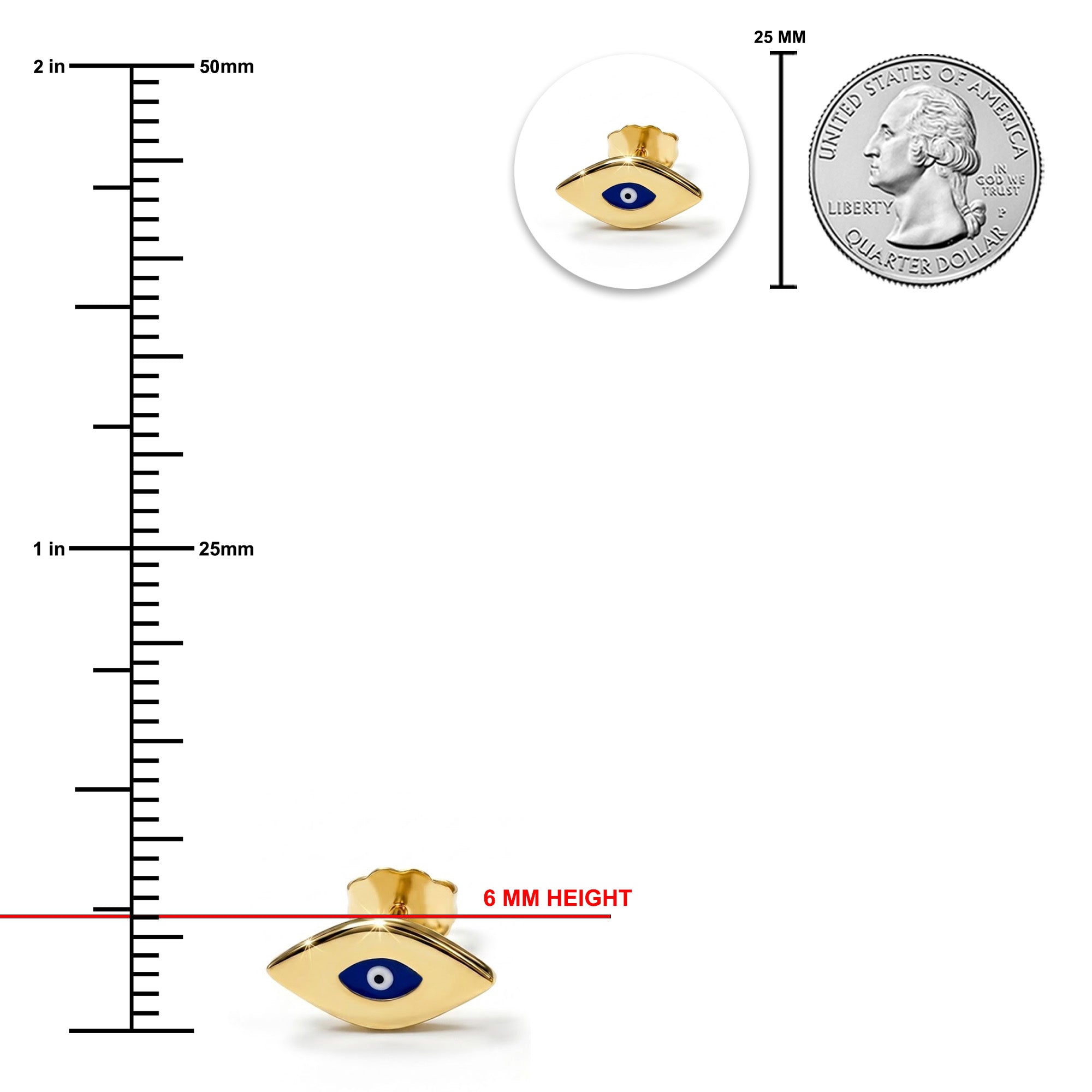 Gold eye-shaped pendant with blue center, shown with a ruler for scale and a quarter coin for comparison.