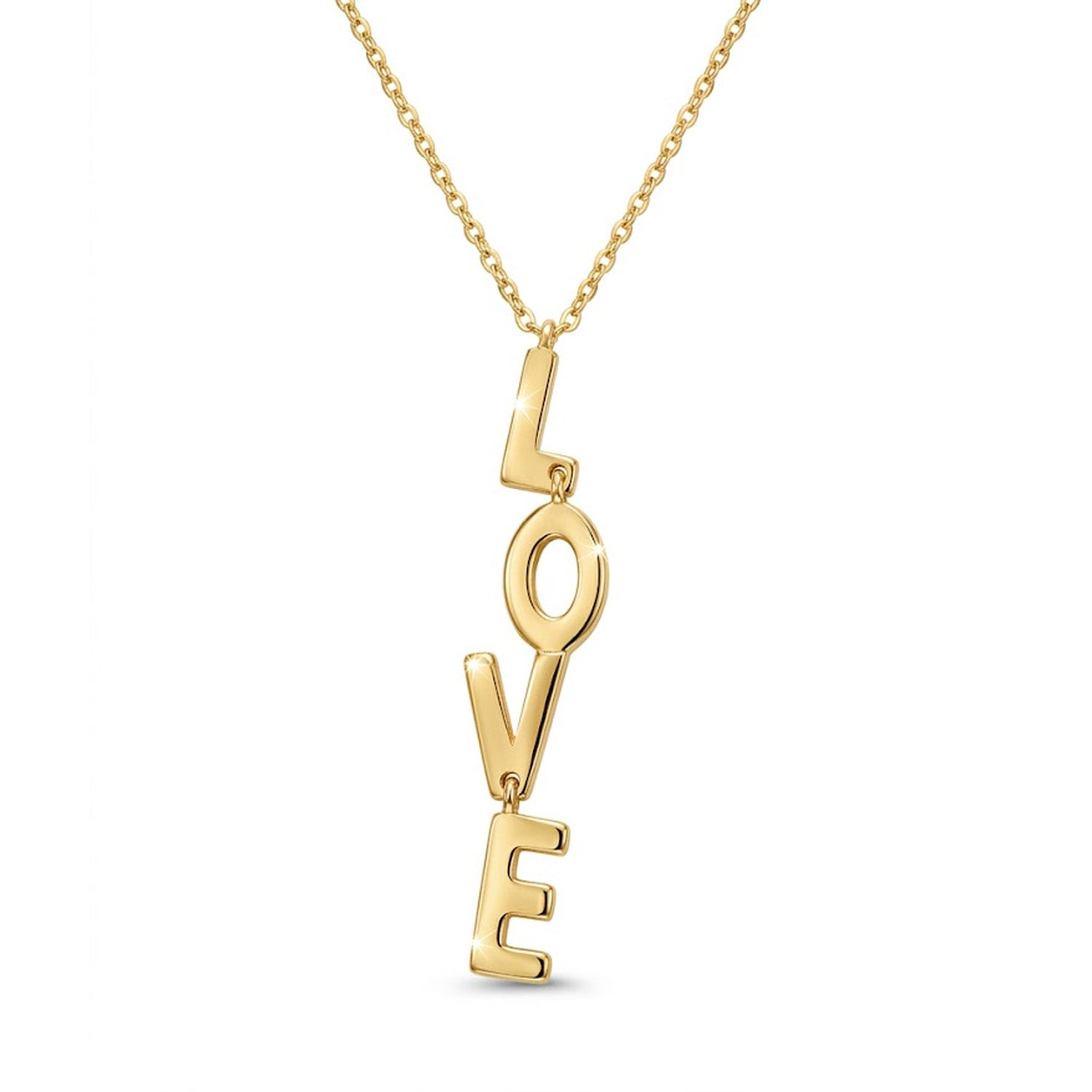 Gold necklace with 'LOVE' pendant on a white background