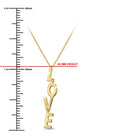 Gold necklace with 'LOVE' pendant next to a ruler for measurement on a white background