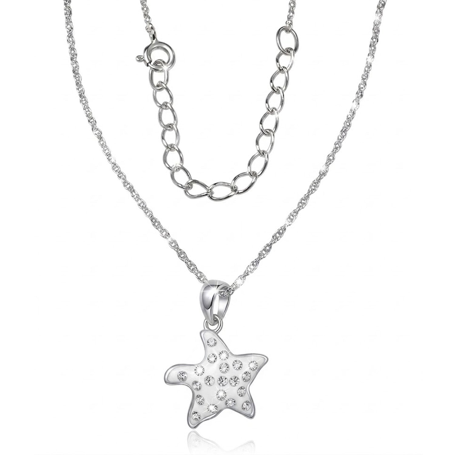 Silver starfish -shaped pendant necklace on a white background