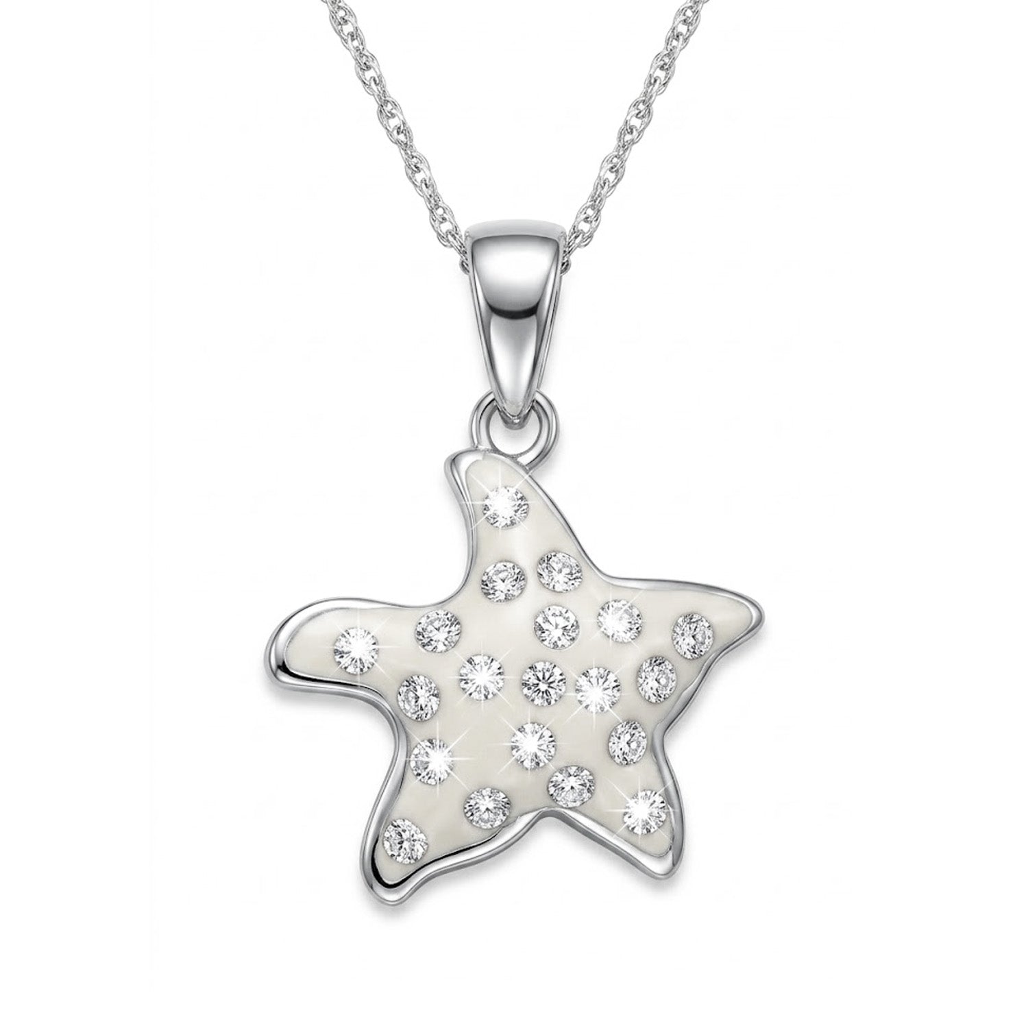 Starfish-shaped pendant with embedded cubic zirconia stones  on a white background