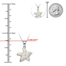 Starfish-shaped pendant with measurements and a quarter for scale on a white background