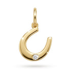 Gold horseshoe-shaped pendant with a diamond on a white background