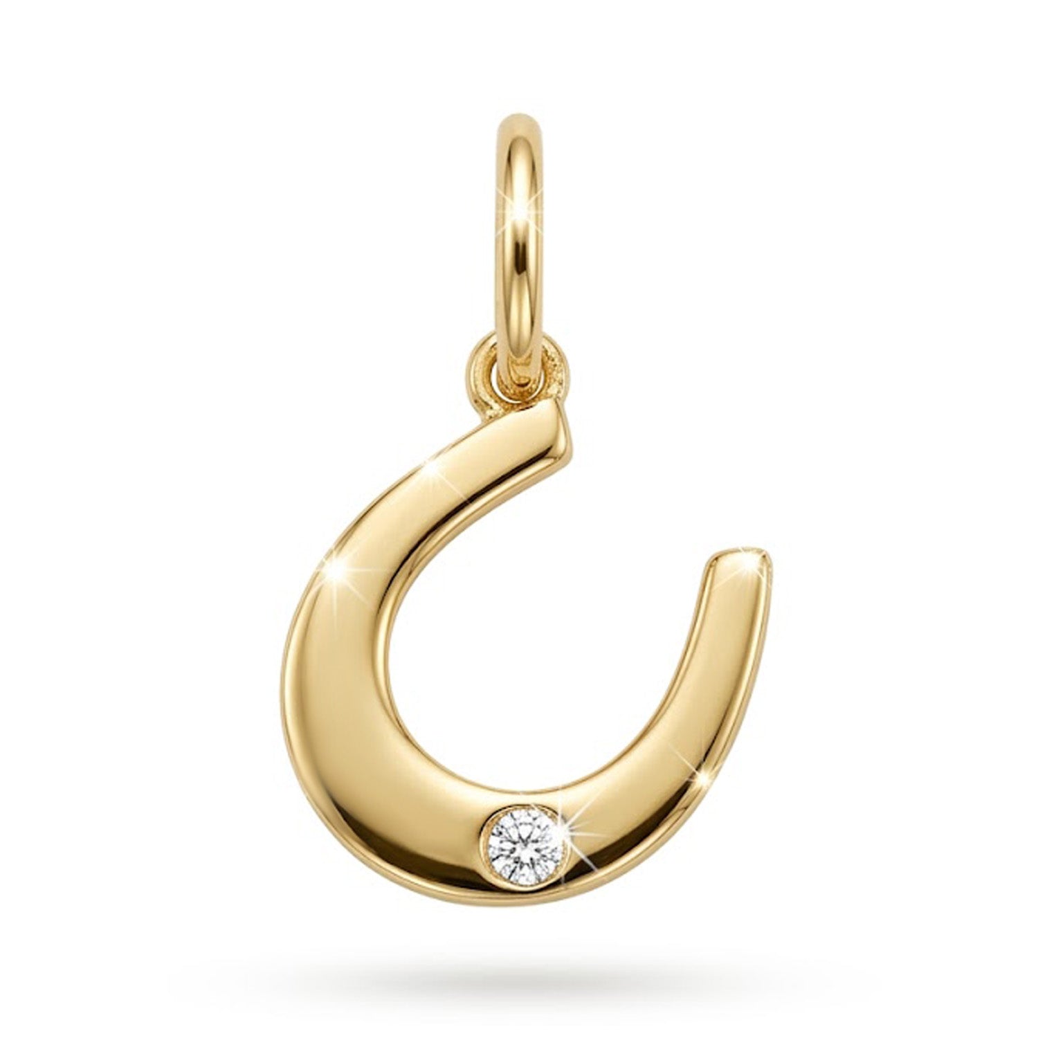 Gold horseshoe-shaped pendant with a diamond on a white background