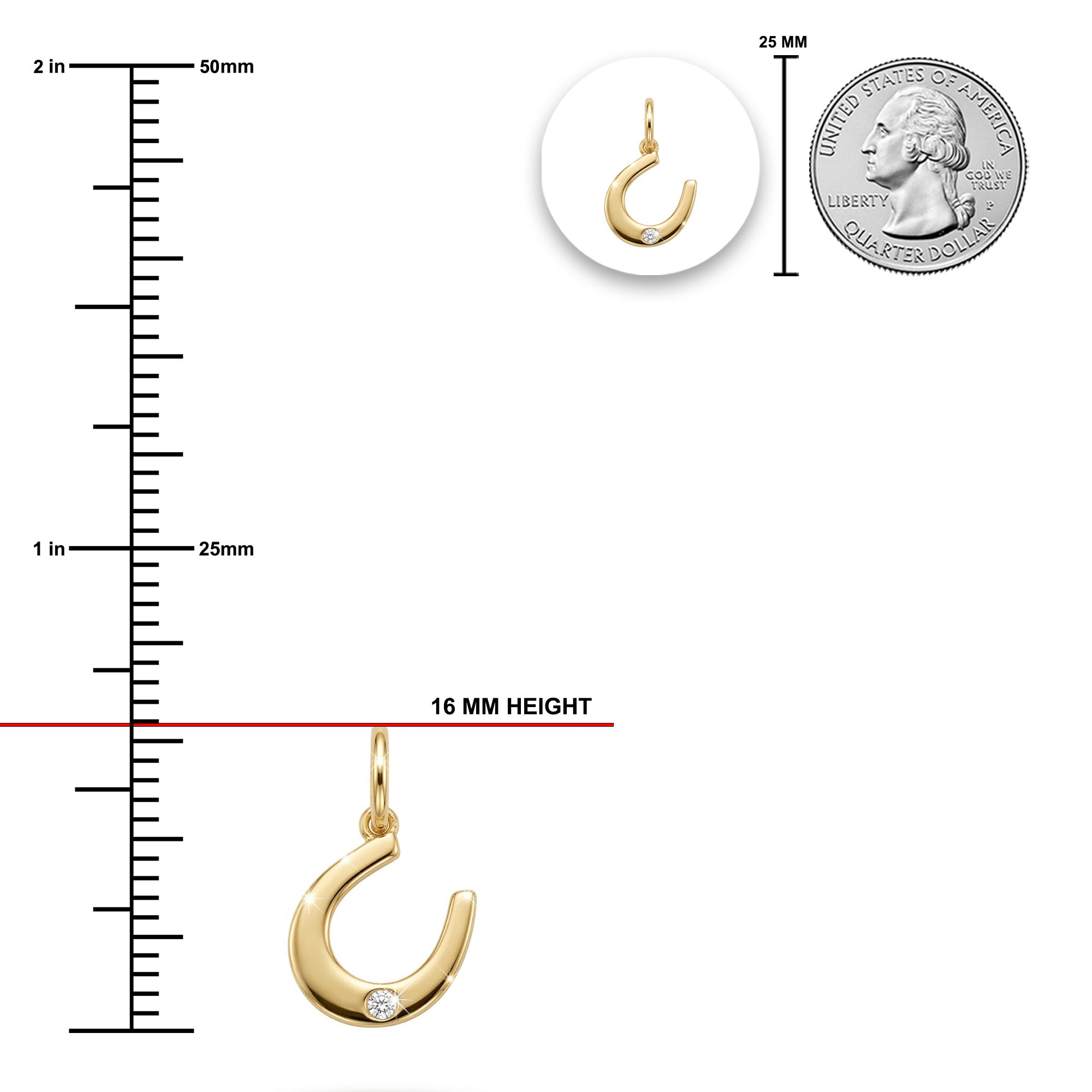 Gold crescent moon pendant with measurement scale and quarter coin for size reference on a white background