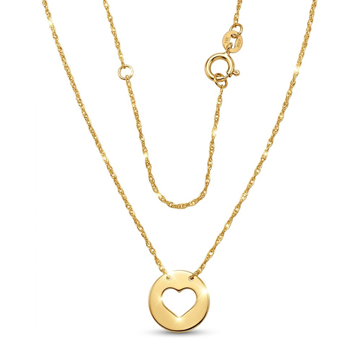 Gold necklace with a heart-shaped pendant on a white background