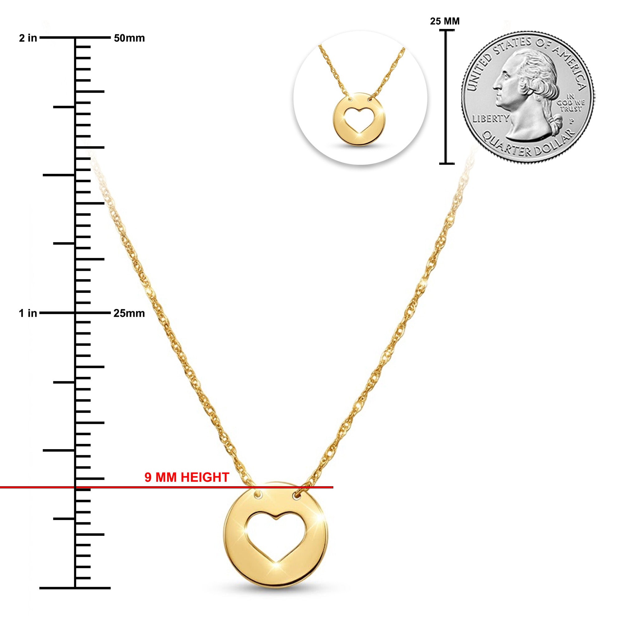 Gold necklace with heart pendant next to a ruler and quarter for scale