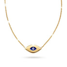 Gold necklace with an eye-shaped pendant on a white background