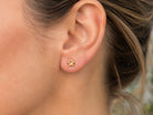 A close-up of a person's ear wearing a small gold stud earring shaped like a paw print.