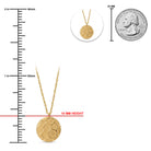 Gold soccer ball pendant necklace on a chain, shown with measurement markings indicating 10 mm height, a 25 mm coin size reference, and a small circular inset of the necklace.