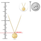 Gold round pendant necklace with a cutout pattern, shown with a ruler scale, an inset of the necklace, and a 25 mm US quarter coin for size comparison on a white background.