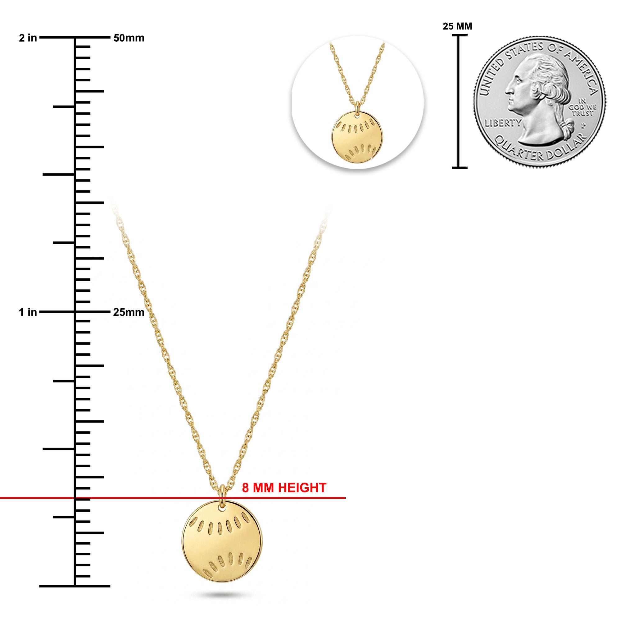 Gold round pendant necklace with a cutout pattern, shown with a ruler scale, an inset of the necklace, and a 25 mm US quarter coin for size comparison on a white background.