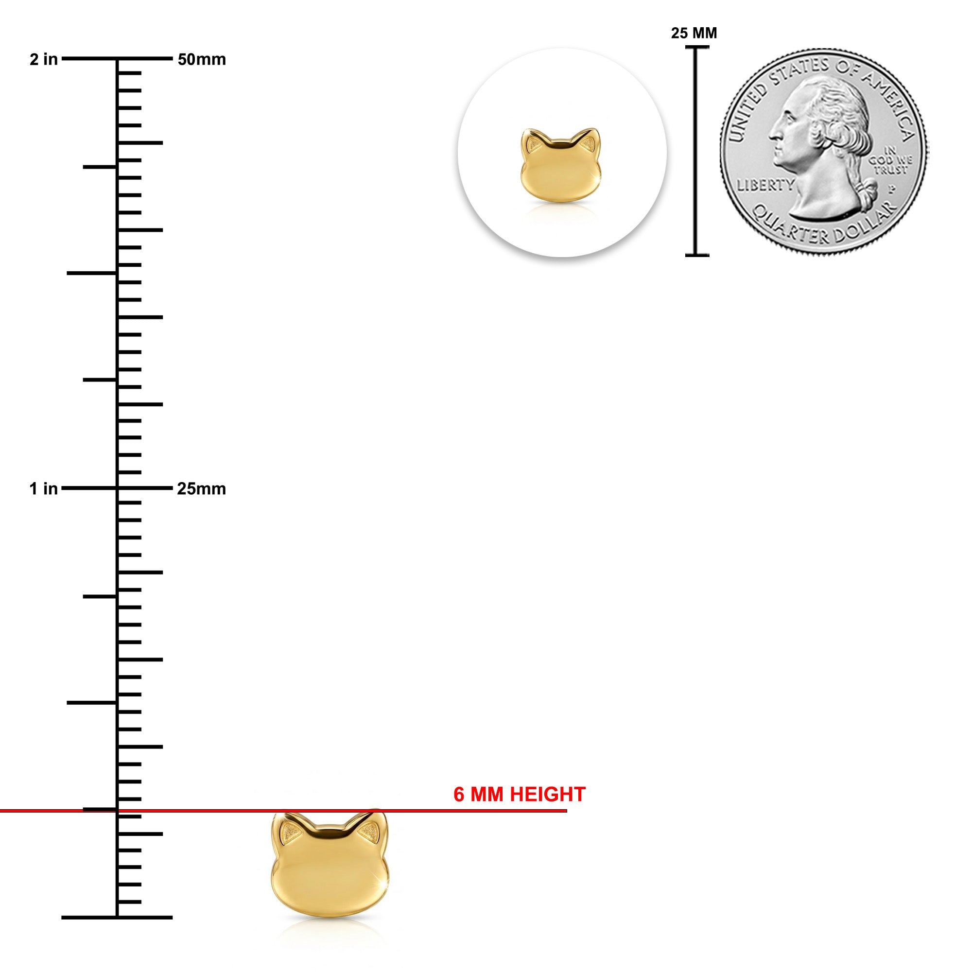 Gold cat-shaped charm with a ruler and quarter for scale on a white background