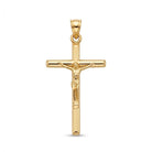 A polished yellow gold crucifix pendant featuring a detailed figure of Jesus Christ on a textured cross, shown against a plain white background.