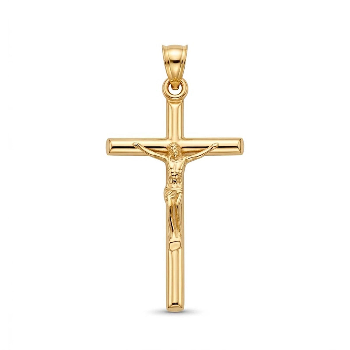 A polished yellow gold crucifix pendant featuring a detailed figure of Jesus Christ on a textured cross, shown against a plain white background.