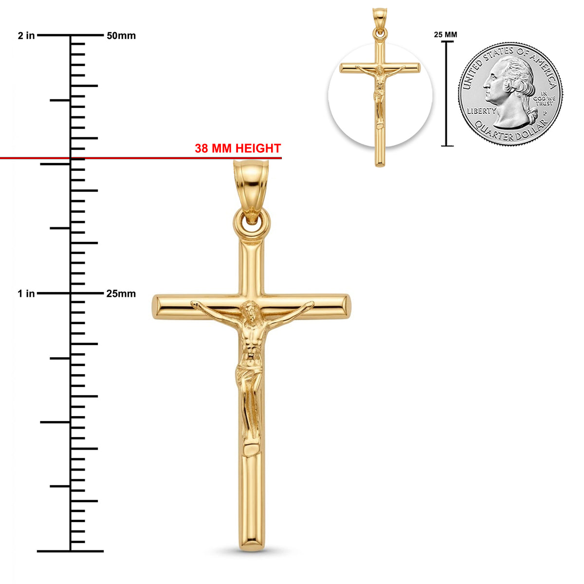 Gold crucifix pendant with a detailed figure of Jesus on a white background, featuring a height measurement scale in millimeters and inches, a close-up inset of the pendant, and a US quarter coin indicating scale.