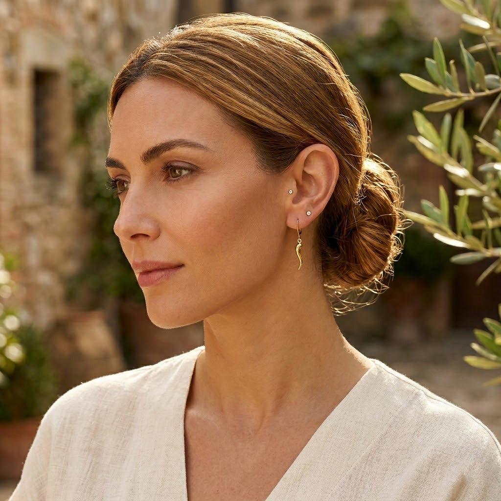 Gold italian horn lever back earring model wearing it 