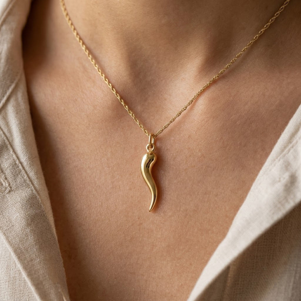 [group: small] Gold Italian Horn Pendant on female model 