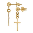 Gold earrings with a cross pendant on a white background