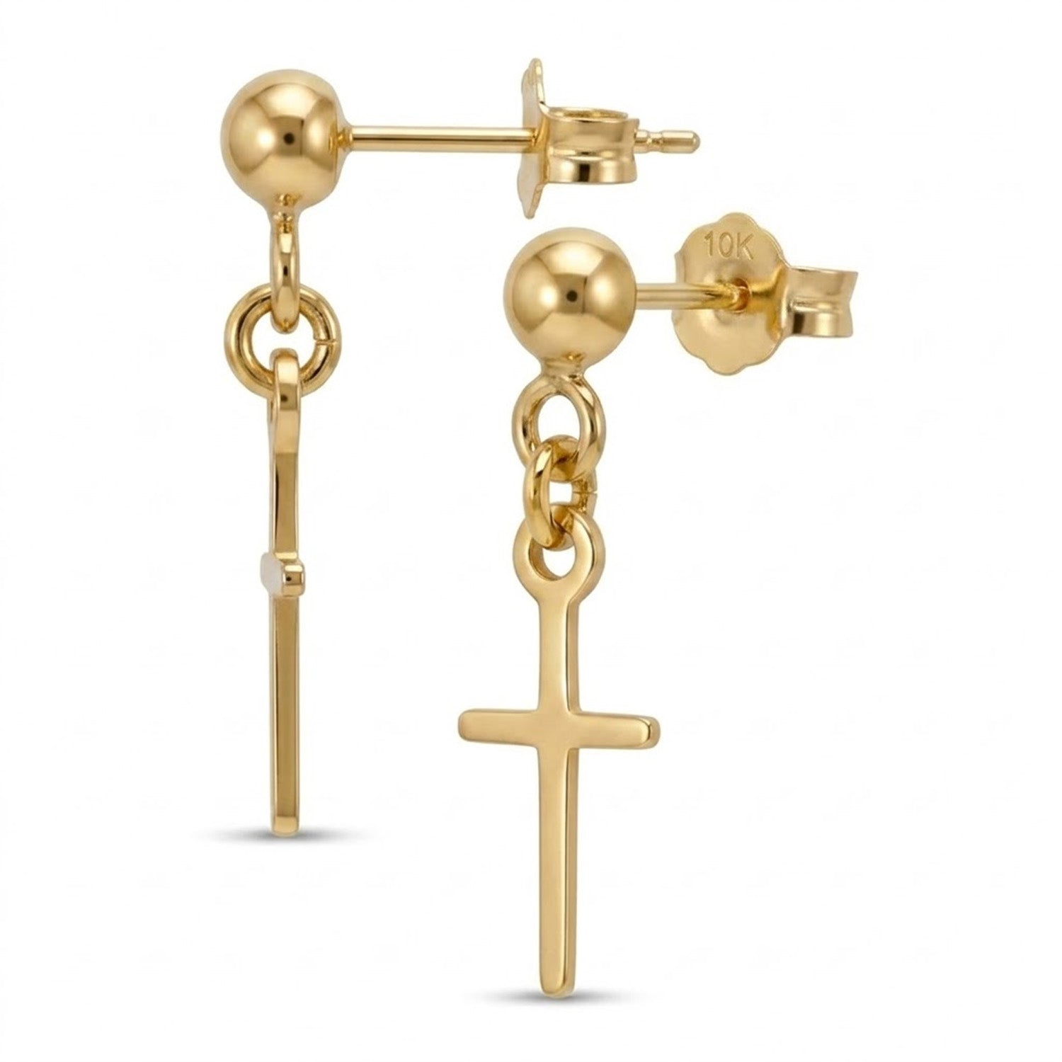 Gold earrings with a cross pendant on a white background