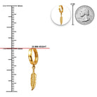 Gold feather hoop earring shown with measurement markings, a 25 mm height callout, a circular inset of the earring alone, and a U.S.