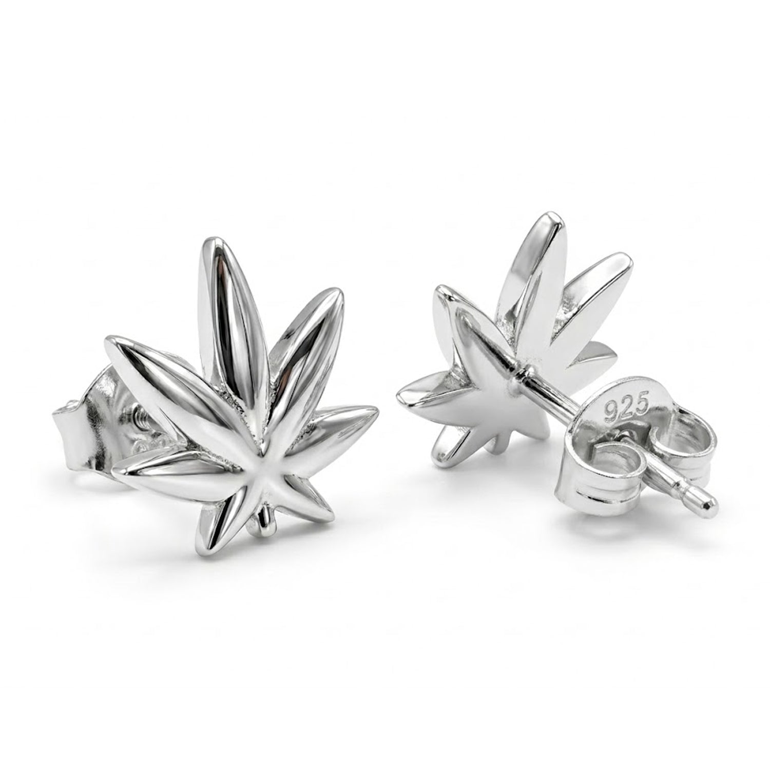 A pair of sterling silver stud earrings shaped like cannabis leaves, shown on a clean white background. One earring is displayed from the front, and the other shows the side profile with a '925' silver purity stamp on the post.