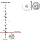 Silver leaf-shaped stud earring shown with measurement markings, a 10 mm height indicator, a 25 mm coin size reference, and a small circular detail inset on a white background.