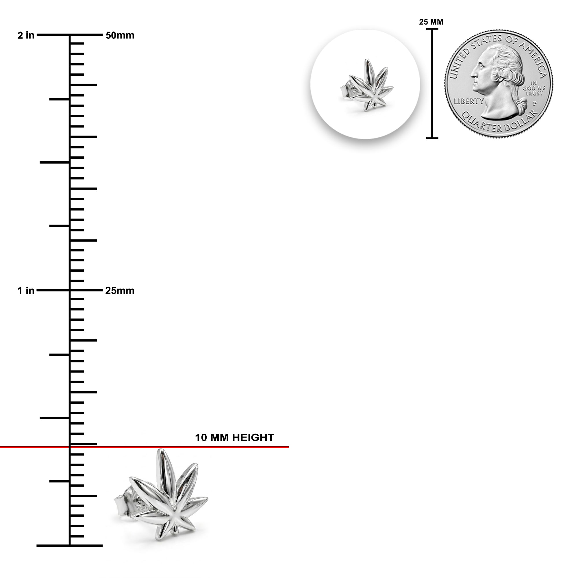 Silver leaf-shaped stud earring shown with measurement markings, a 10 mm height indicator, a 25 mm coin size reference, and a small circular detail inset on a white background.