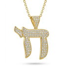 [group: gold-plated] Gold Hebrew letter 'Halel' pendant paved with small clear stones on a gold chain, shown against a white background.