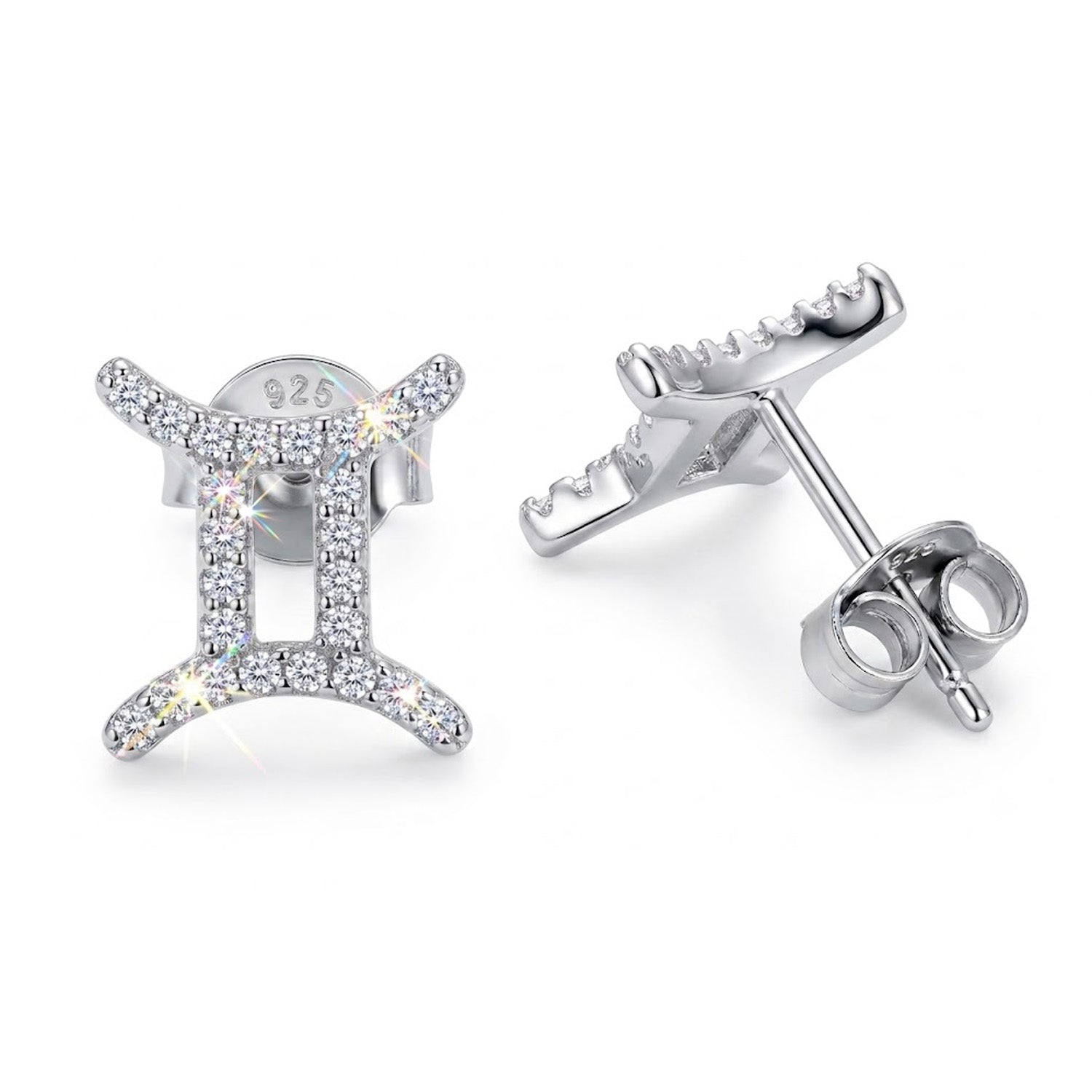[group:silver-gemini] Silver gemini zodiac earrings with gemstones on a white background