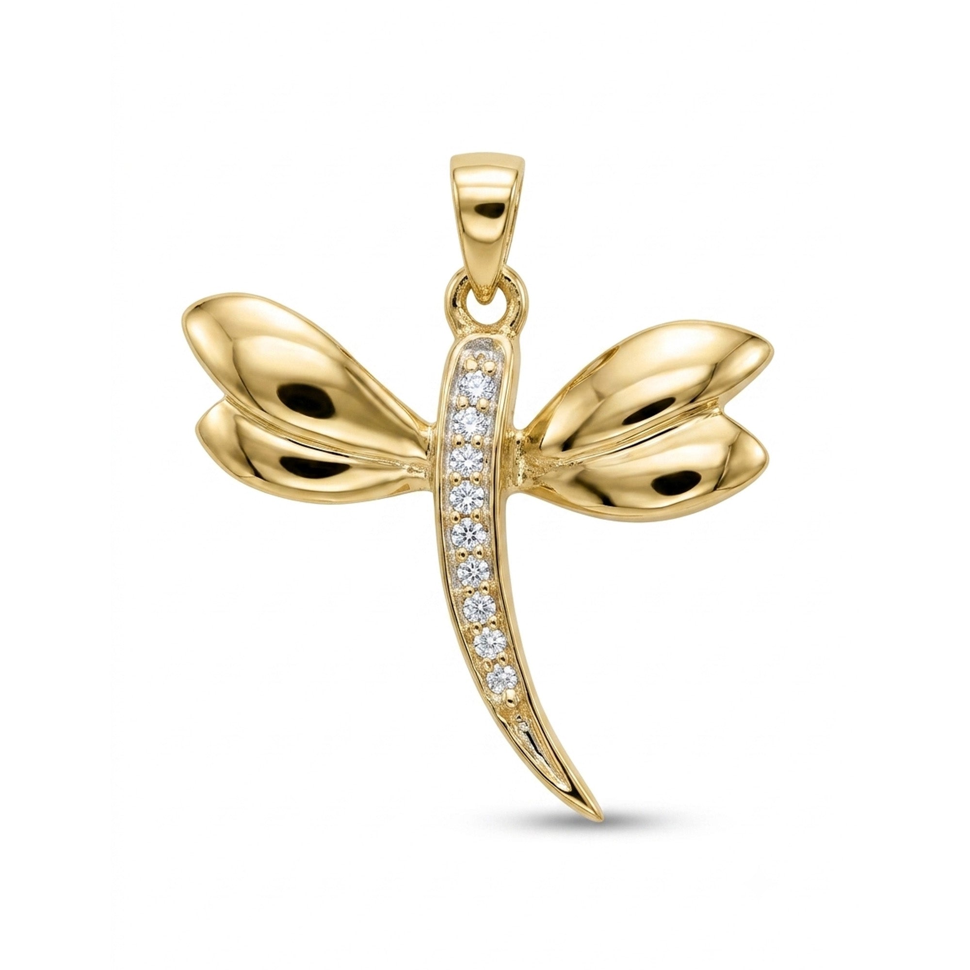 A gold dragonfly pendant featuring a vertical body lined with small diamond stones, set against a plain white background.