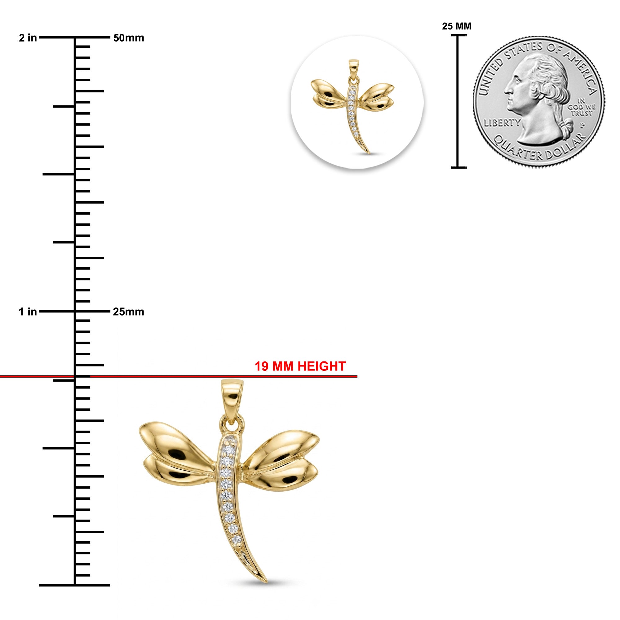 Gold dragonfly pendant with inset detail, a US quarter for scale, and a vertical millimeter ruler showing 19 mm height on a white background.