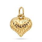 [group: small] A textured gold heart pendant charm with a diamond-cut pattern and a top loop, shown on a clean white background.