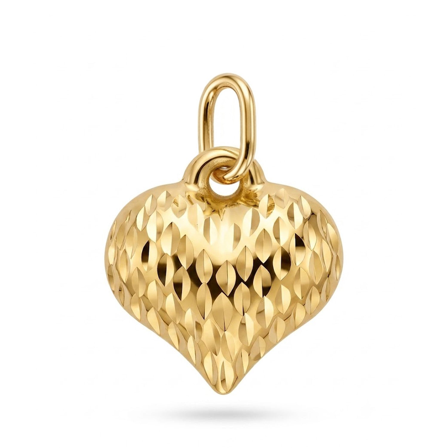 [group: small] A textured gold heart pendant charm with a diamond-cut pattern and a top loop, shown on a clean white background.