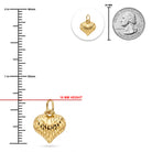 [group: small] Gold heart-shaped pendant charm with a textured honeycomb pattern, shown with a 16 mm height measurement line, a 25 mm coin scale reference, and a vertical millimeter ruler on a white background.