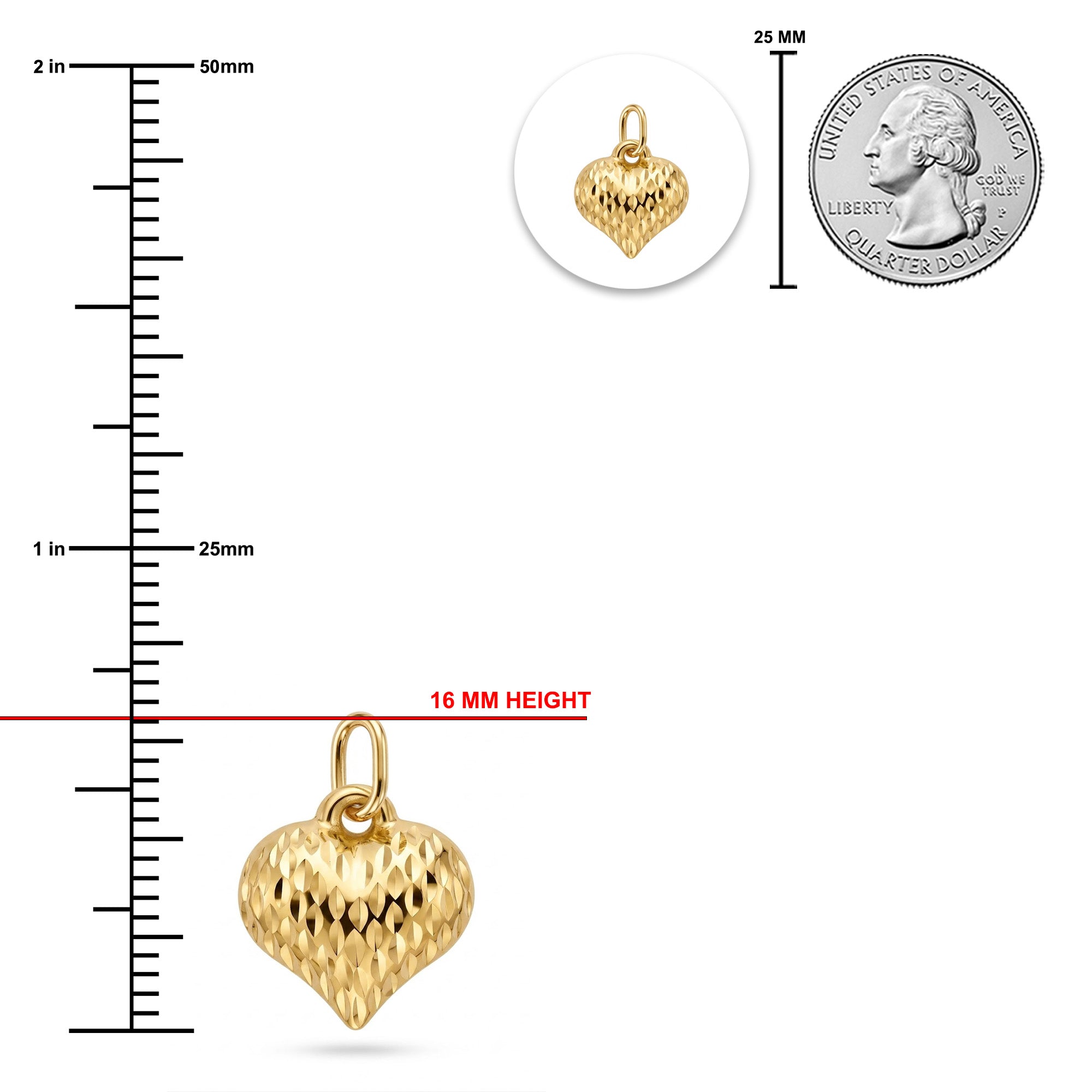[group: small] Gold heart-shaped pendant charm with a textured honeycomb pattern, shown with a 16 mm height measurement line, a 25 mm coin scale reference, and a vertical millimeter ruler on a white background.