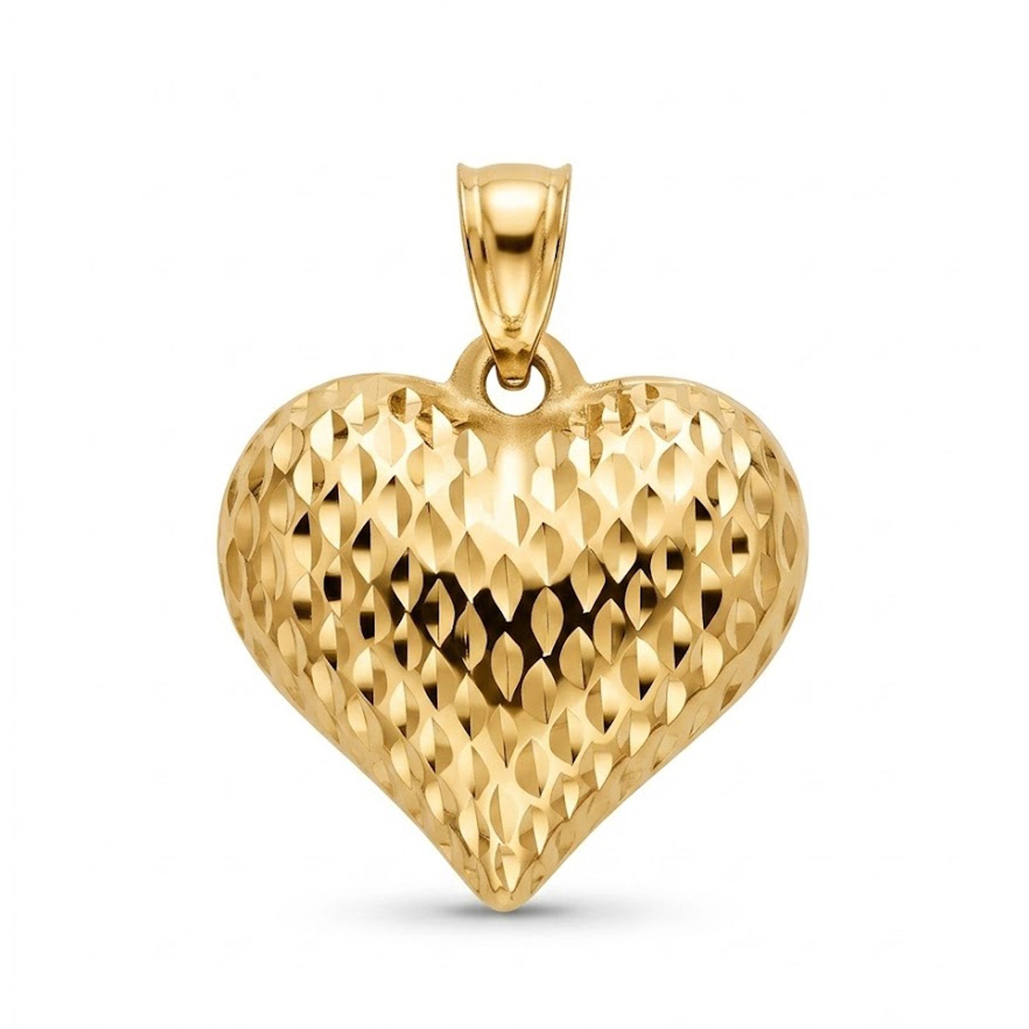 [group: medium] A yellow gold heart-shaped pendant with a textured, diamond-cut pattern on a plain white background.