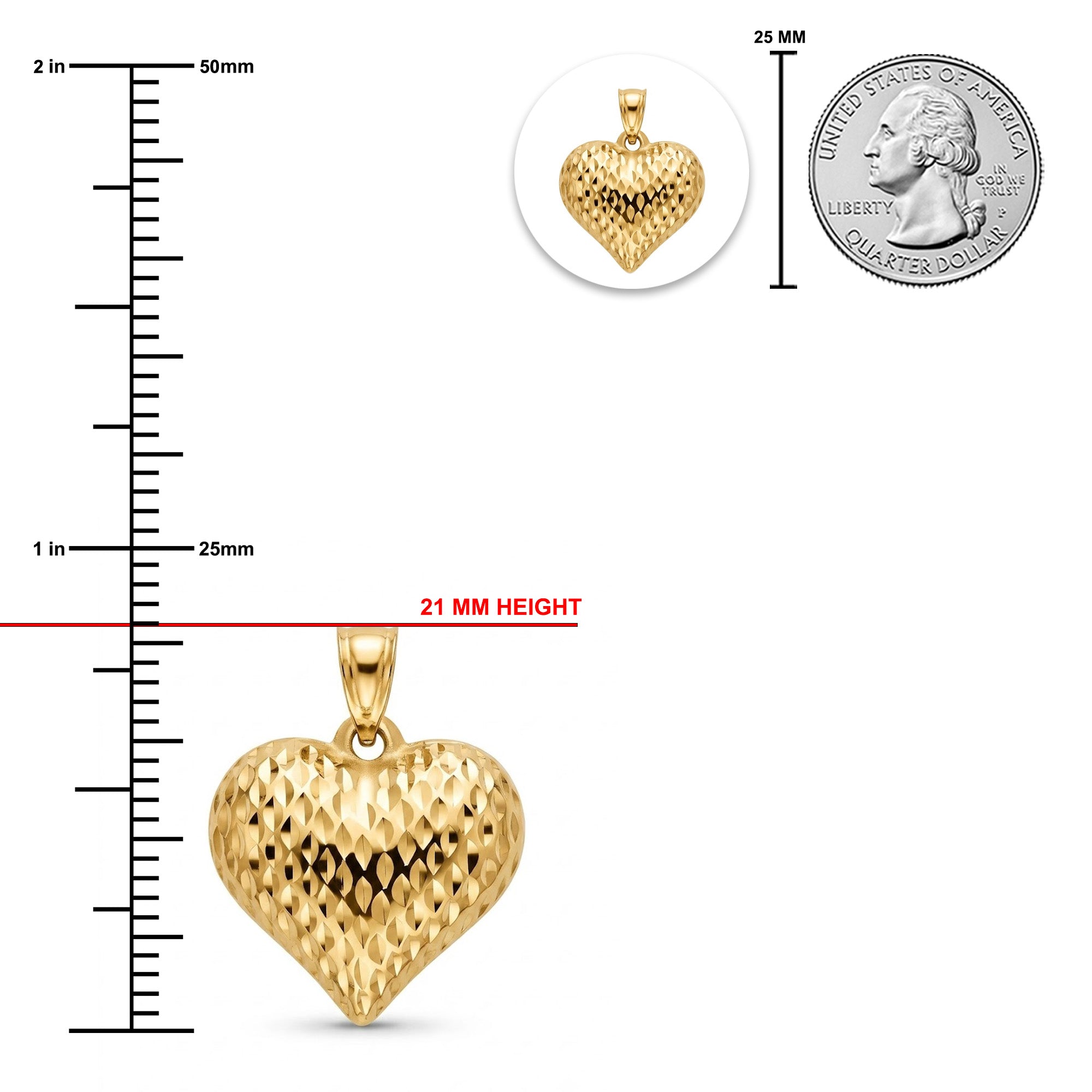 [group: medium] Gold heart-shaped pendant with a textured, diamond-cut surface, shown with a 21 mm height measurement, a US quarter coin for scale, and a circular inset of the pendant.