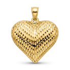 [group: large] A textured yellow gold heart-shaped pendant with a diamond-cut pattern and a polished bail at the top, shown on a clean white background.