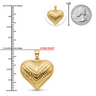[group: large] A gold heart-shaped pendant with a textured diamond-cut pattern, shown with measurement markings indicating a 24 mm height. Includes a small inset showing the pendant and a quarter for scale on a white background.