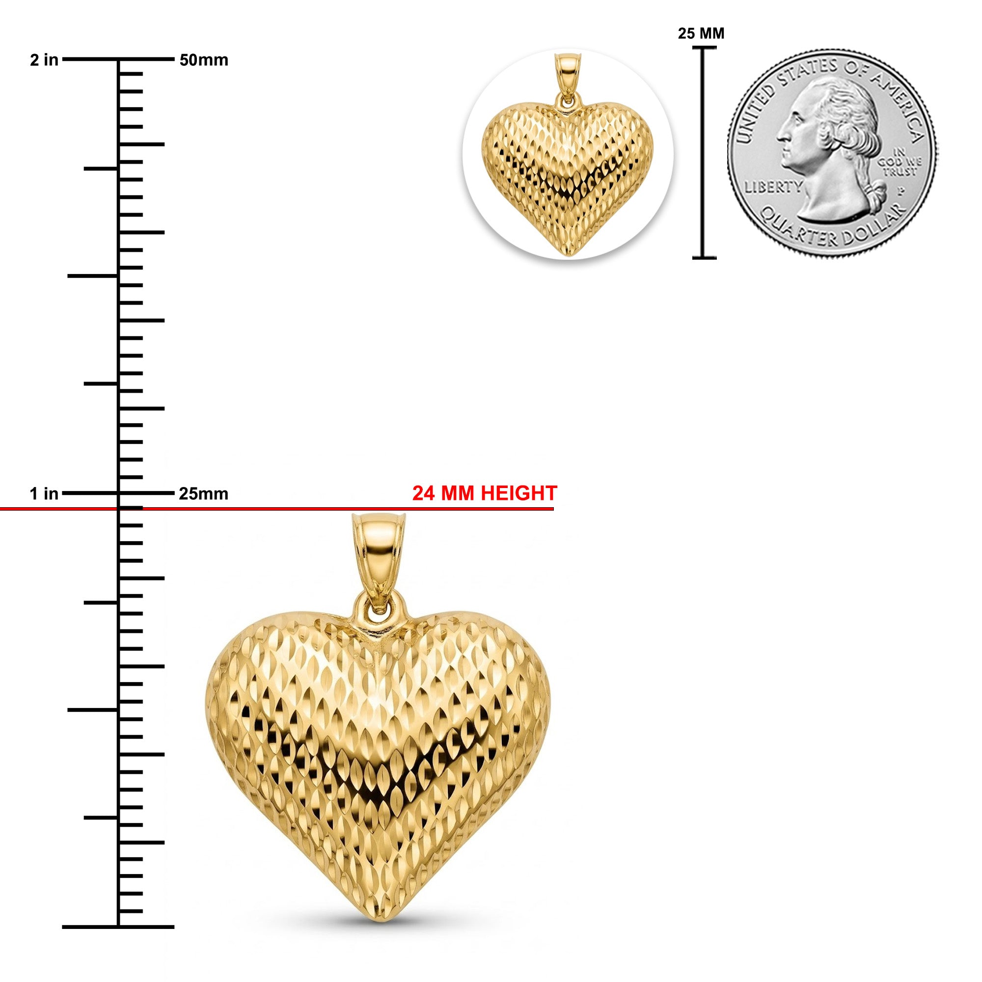 [group: large] A gold heart-shaped pendant with a textured diamond-cut pattern, shown with measurement markings indicating a 24 mm height. Includes a small inset showing the pendant and a quarter for scale on a white background.